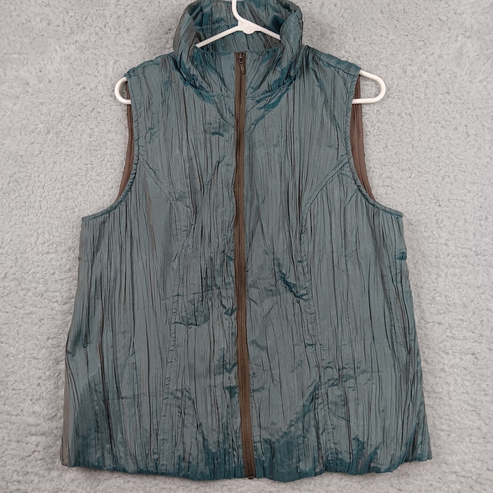 Chico's Vest Womens 2 Teal Blue Crinkle Textured Metallicβ Full Zip Stand Collar